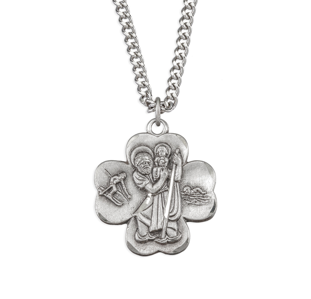 Sterling Silver Saint Christopher Clover Shape Protection Medal