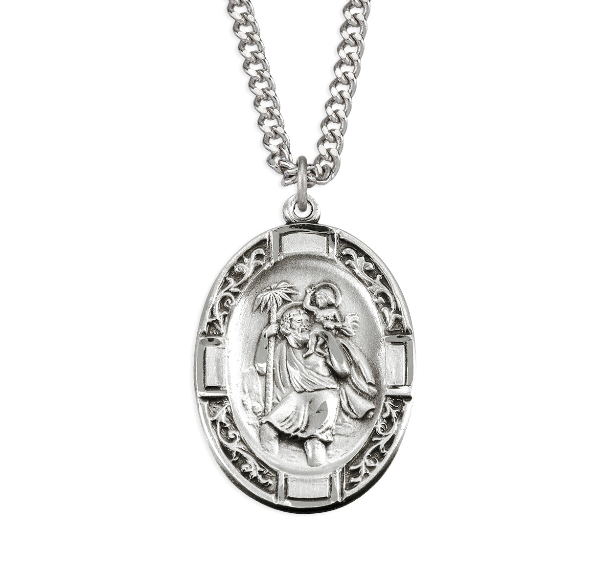 Sterling Silver Saint Christopher Protection Medal Crossword Vine Border