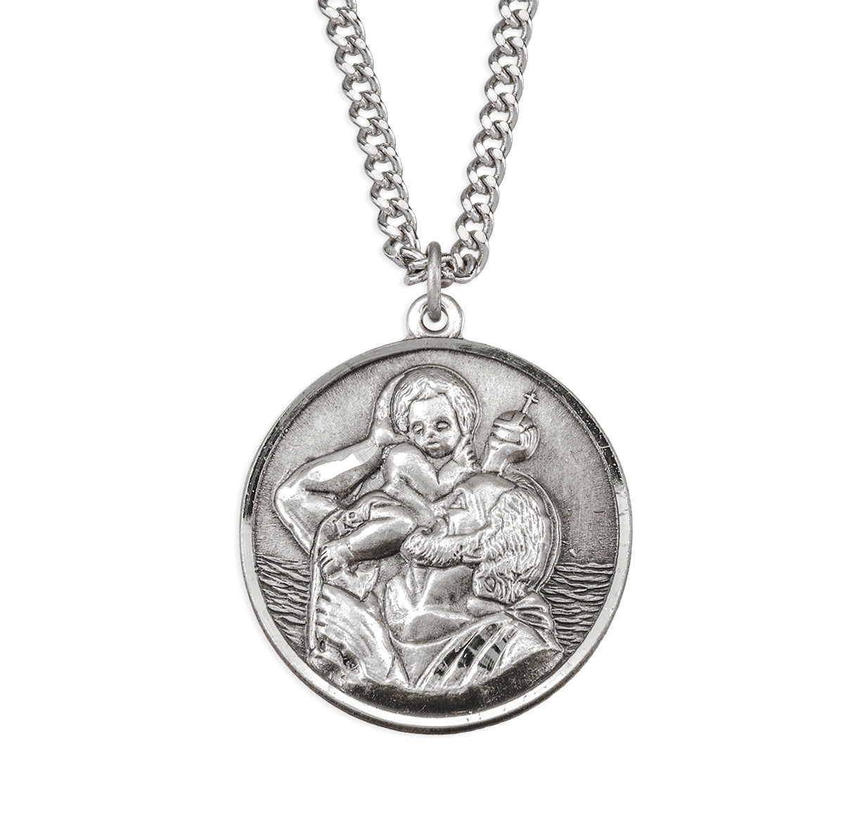 Sterling Silver Round Saint Christopher With Jesus Christ Child Bust Medal