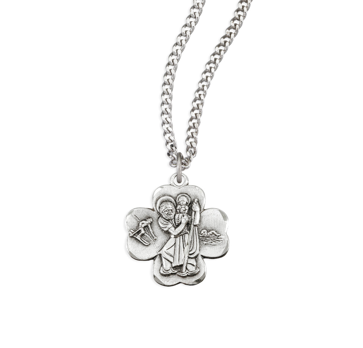 Sterling Silver Saint Christopher Clover Shape Medal