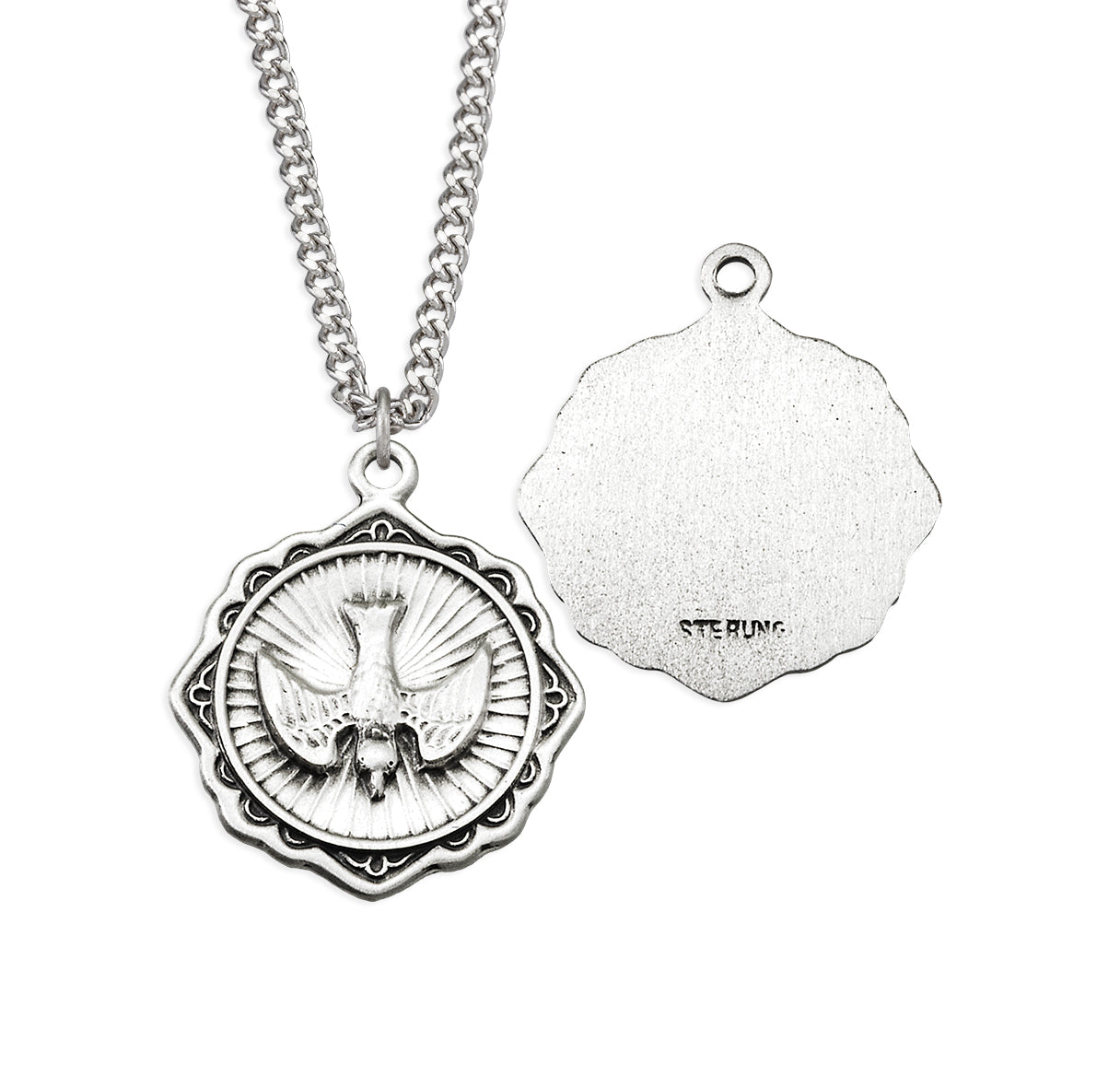 Sterling Silver Holy Spirit Dove Medal Circle With Edging
