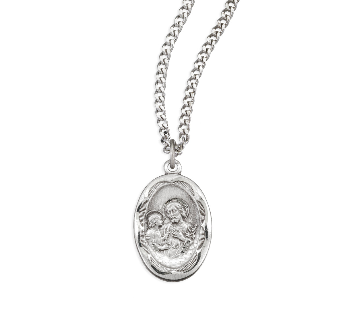 Sterling Silver Saint Joseph with Jesus Medal Scalloped Edging