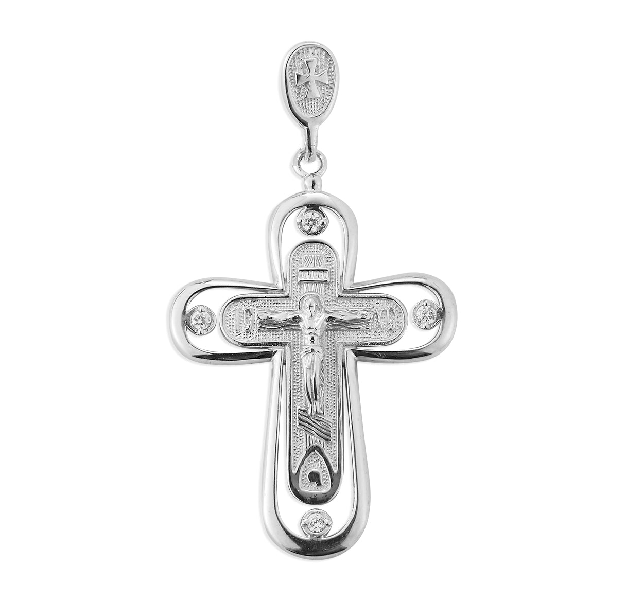 Sterling Silver Byzantine Crucifix in a Border with Crystal CZ's Cross