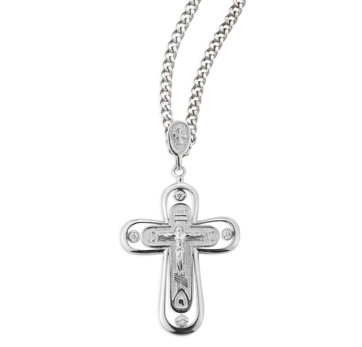 Sterling Silver Byzantine Crucifix in a Border with Crystal CZ's Cross