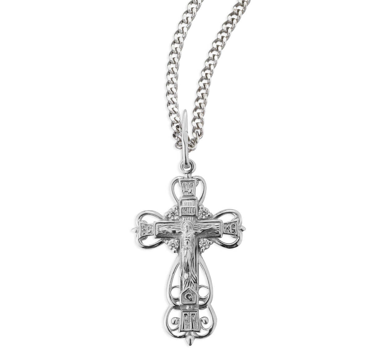 Sterling Silver Byzantine Style Crucifix with Looped Open Border 18"