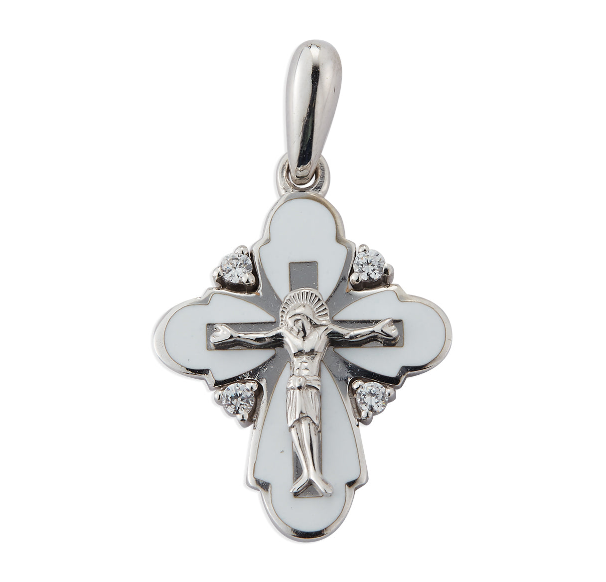 Sterling Silver White Enamel Byzantine Crucifix with Crystal CZ Settings 18"