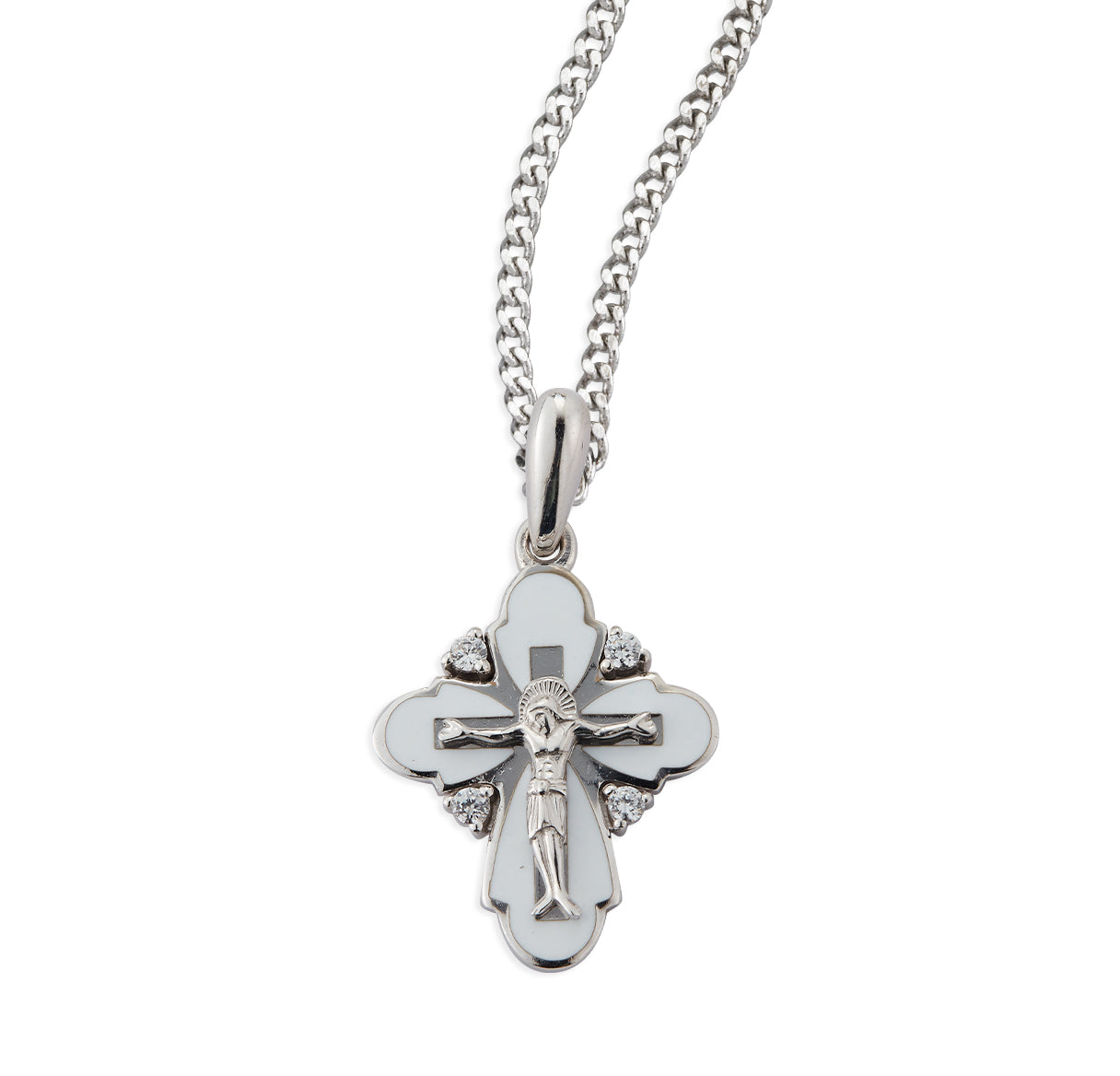 Sterling Silver White Enamel Byzantine Crucifix with Crystal CZ Settings 18"