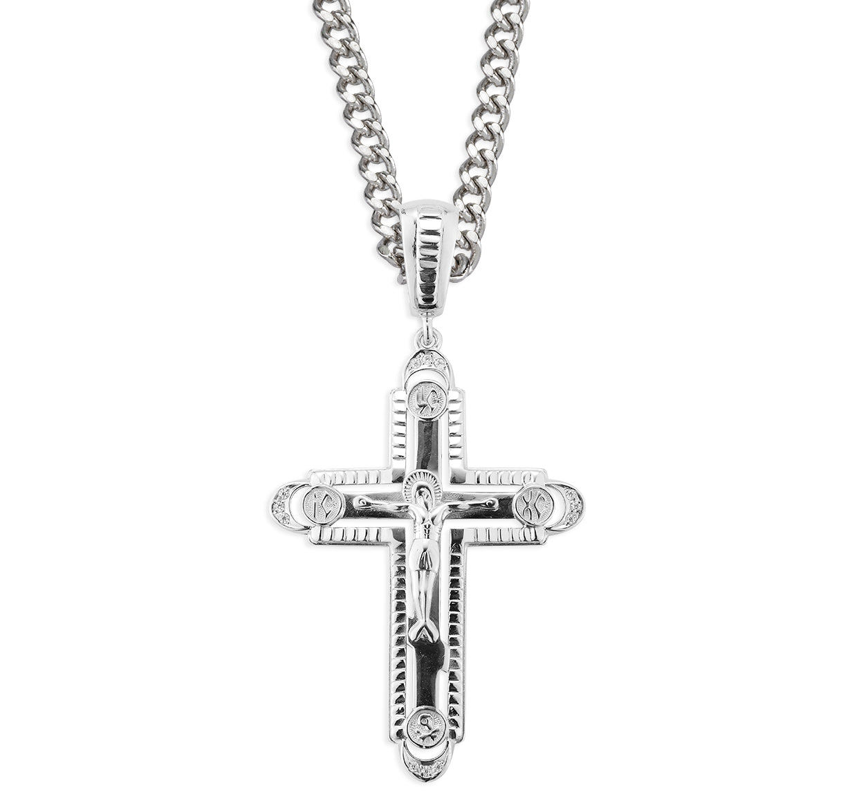Sterling Silver Byzantine Crucifix in a ridged Border 24"
