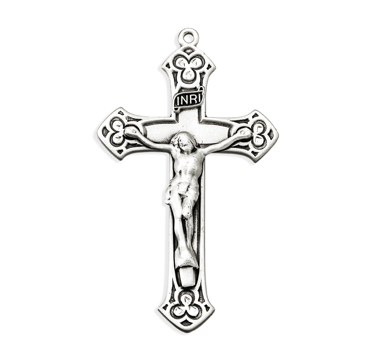 Sterling Silver Trinity Crucifix with Three Ringed Trinity Symbol Engraved Tips 24"