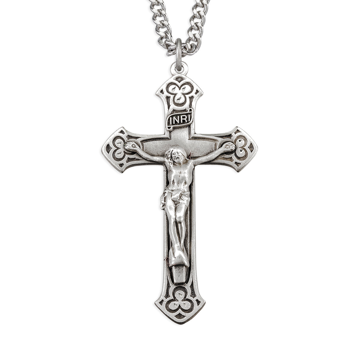Sterling Silver Trinity Crucifix with Three Ringed Trinity Symbol Engraved Tips 24"