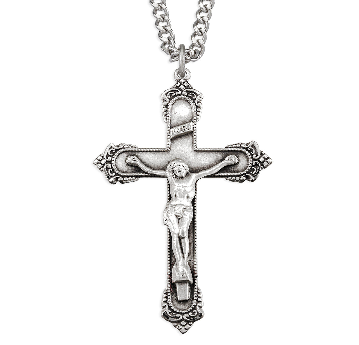Sterling Silver Crucifix with Beaded border and Fancy Scroll Tips 24"