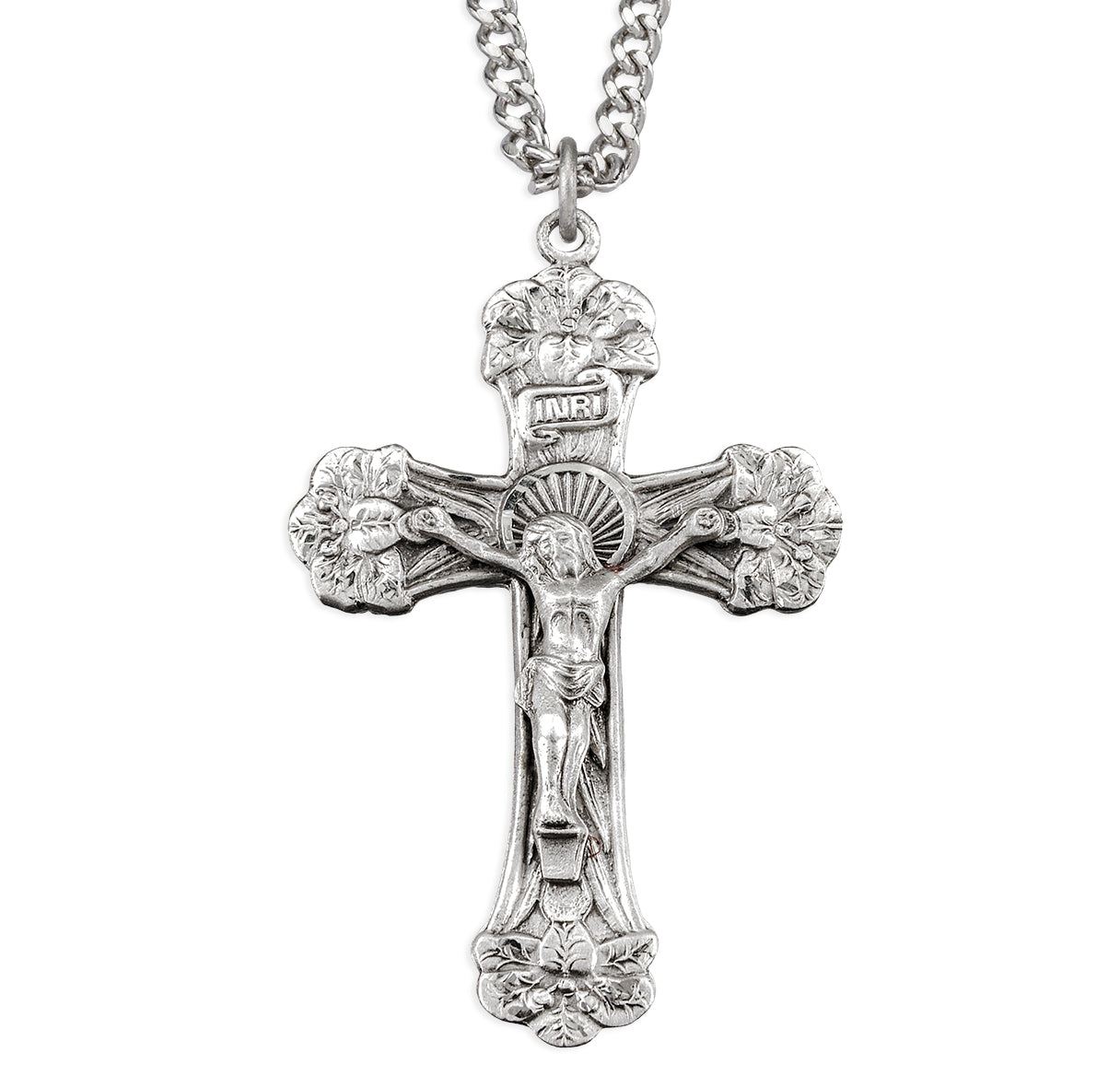 Sterling Silver Acanthus Leaf Crucifix with Embossed Details 24"