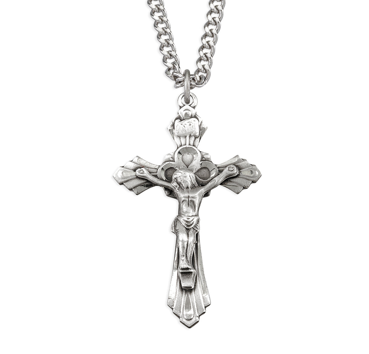 Sterling Silver Flaired Engraved Crucifix with Trinity Halo Design 24"
