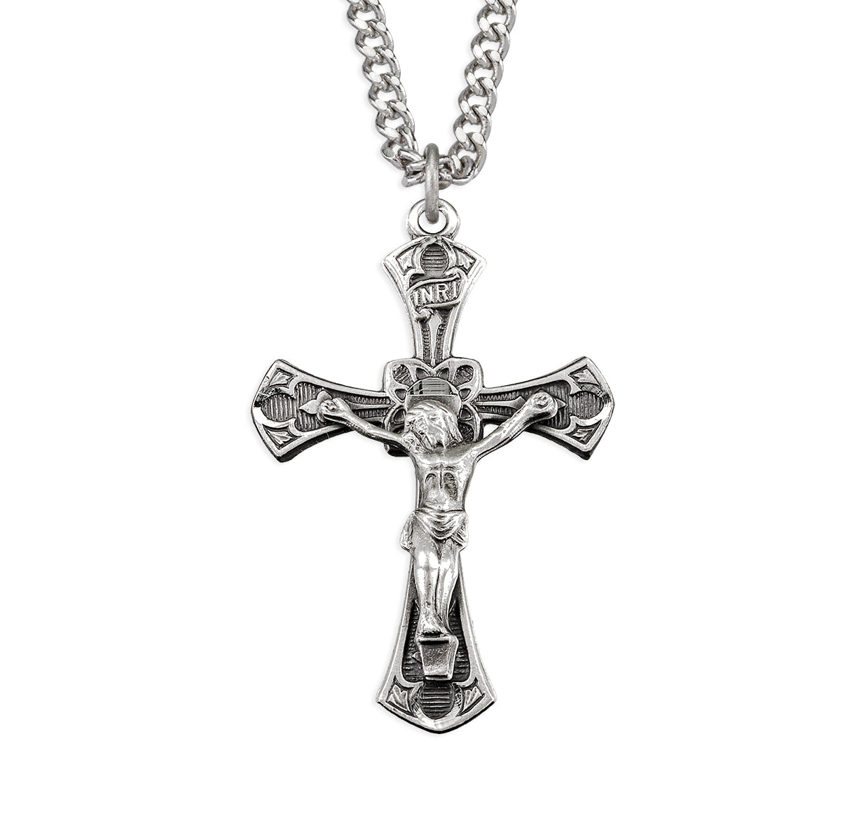 Sterling Silver Flaired Crucifix with Gothic Window Design 24"