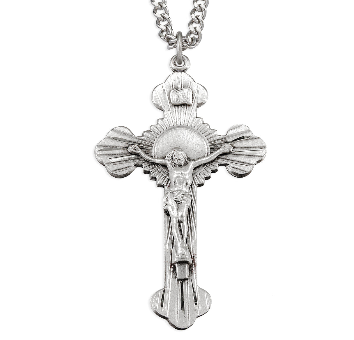Sterling Silver sunburst Crucifix in Latin style with elaborate embossings 24"