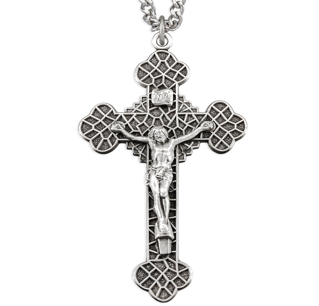Sterling Silver Latin Style Crucifix with Crackle Design 24"