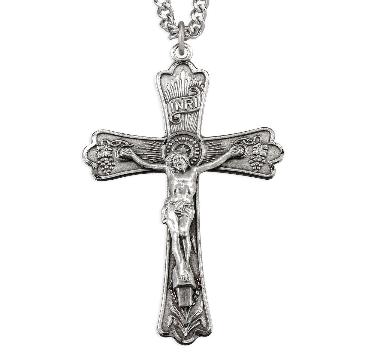 Sterling Silver Crucifix with Grape Vine and Wheat Detailing 24"
