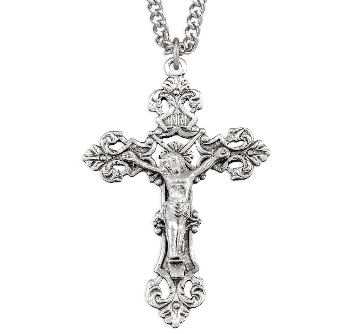 Sterling Silver Pierced Crucifix with Elaborate Leaf and Vine Design 24"