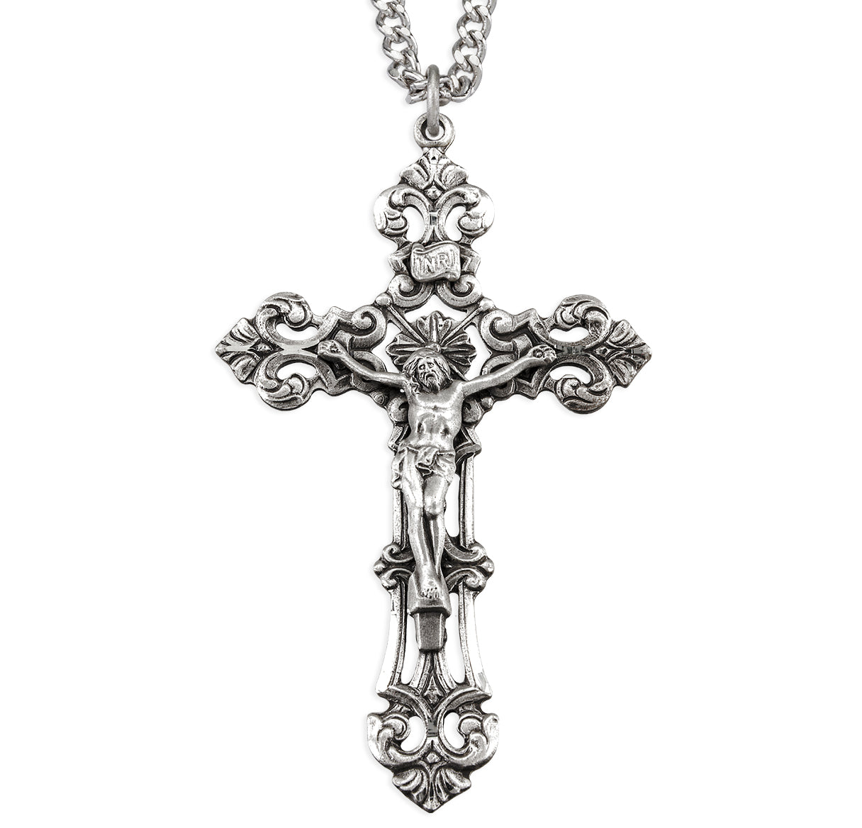 Sterling Silver Fancy Leaf Crucifix with Piercing 24"