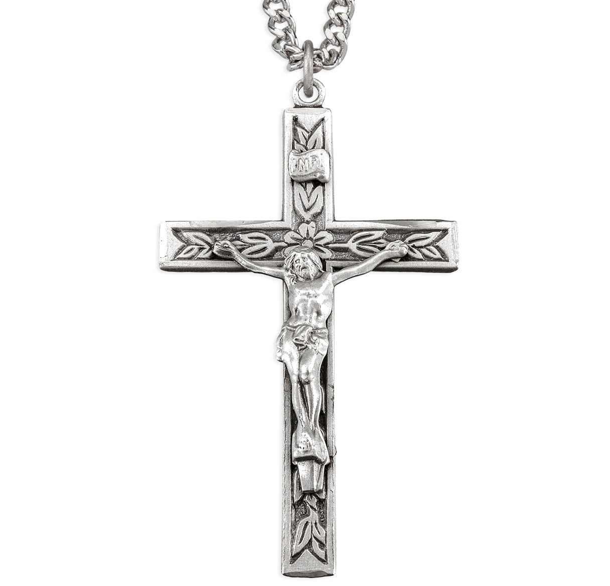 Sterling Silver Leaf Crucifix with Embossed Leaves in the Cross and flower center 24"