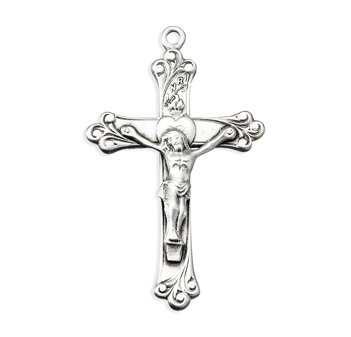 Sterling Silver Sacred Heart Crucifix with Ornate Curved Ends 24"