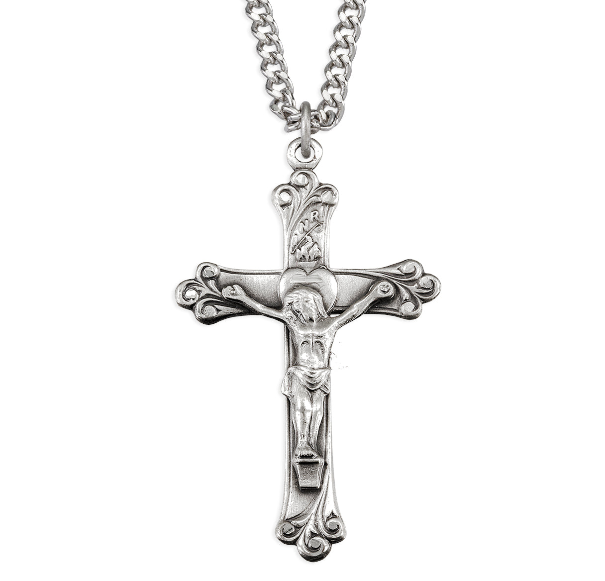 Sterling Silver Sacred Heart Crucifix with Ornate Curved Ends 24"