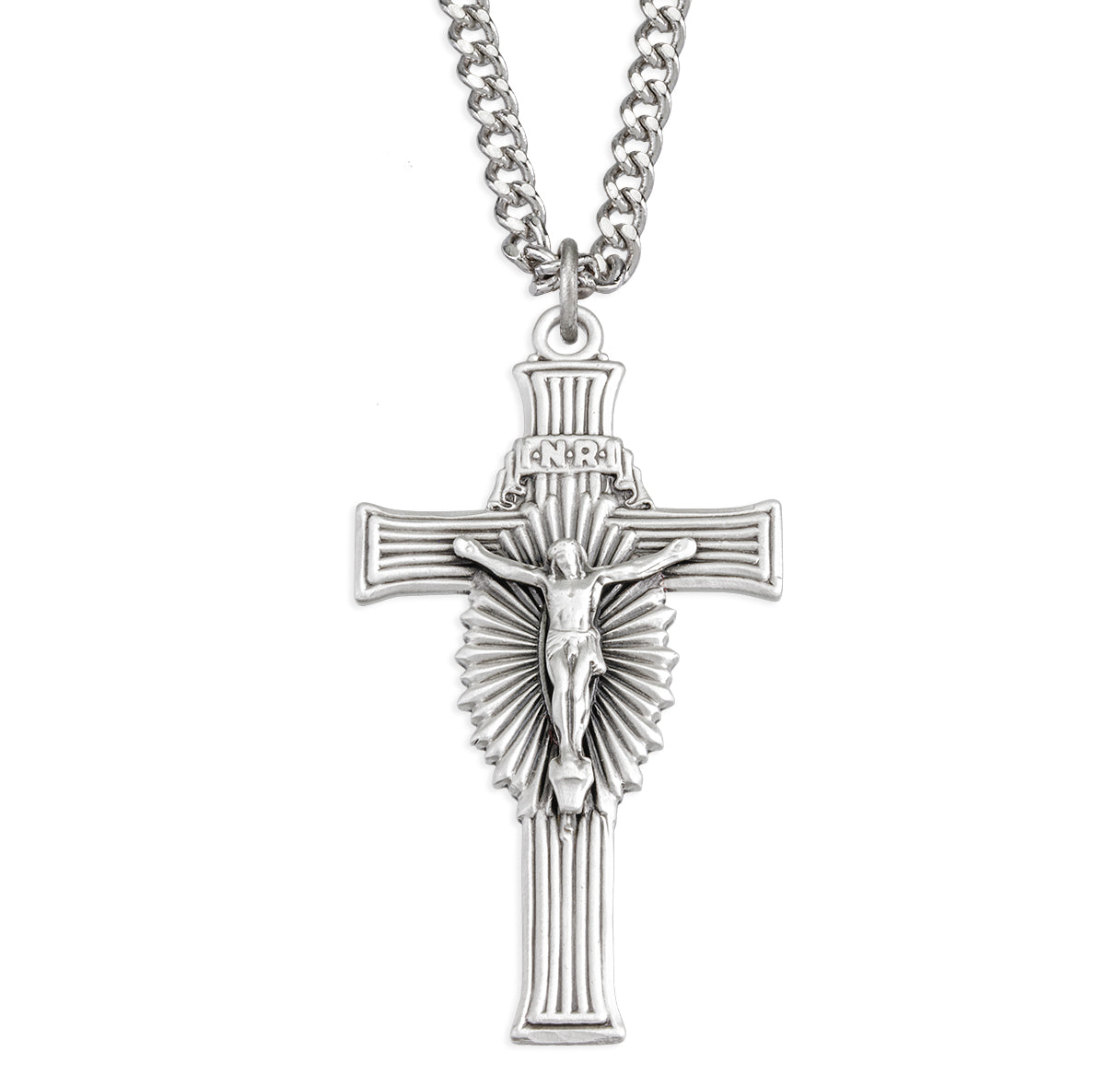 Sterling Silver Sunburst Crucifix with ribbed engravings Engraved Line Details 24"