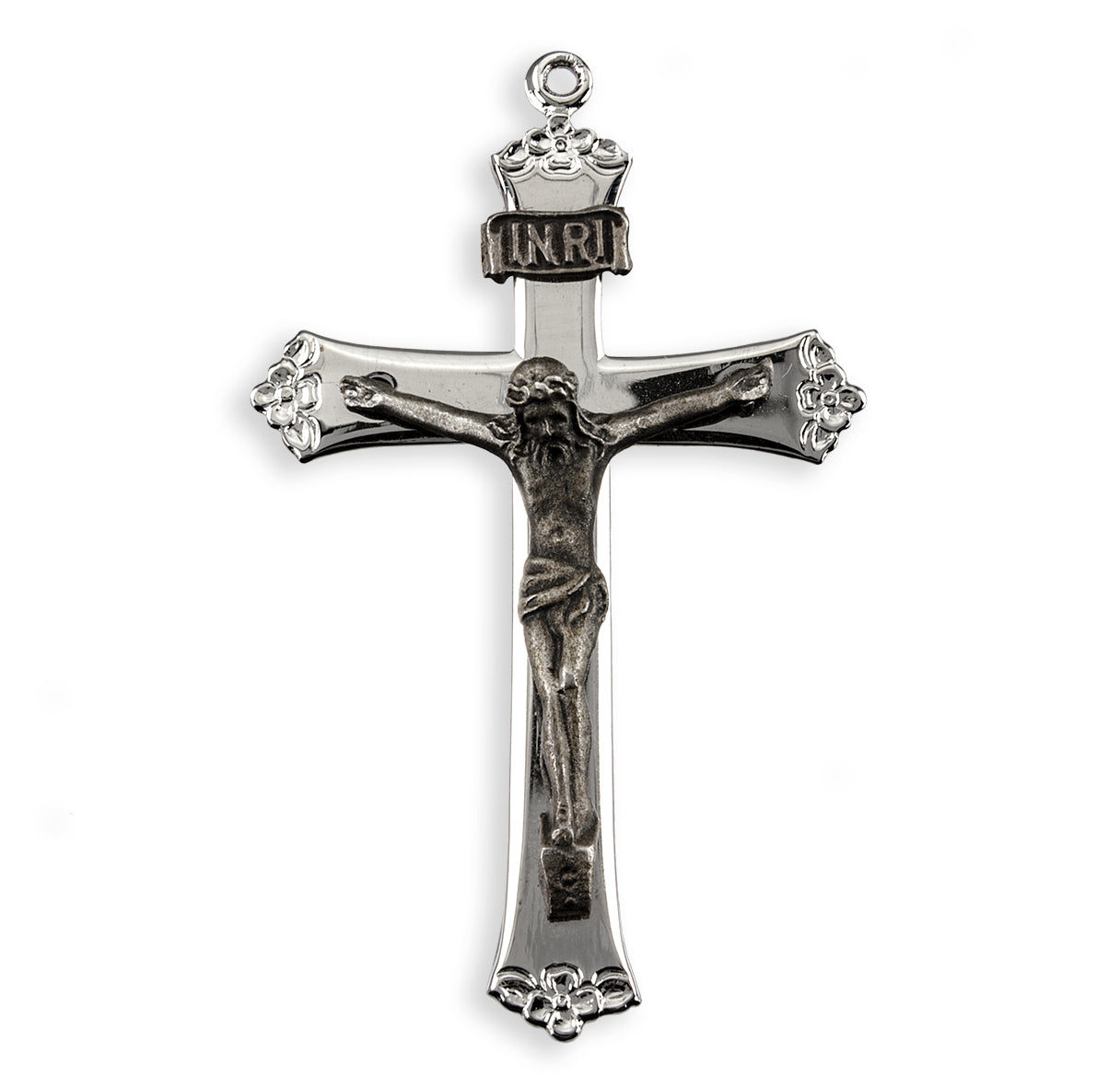 Sterling Silver High Polished Crucifix made from Three Pieces with Floral tips 24"