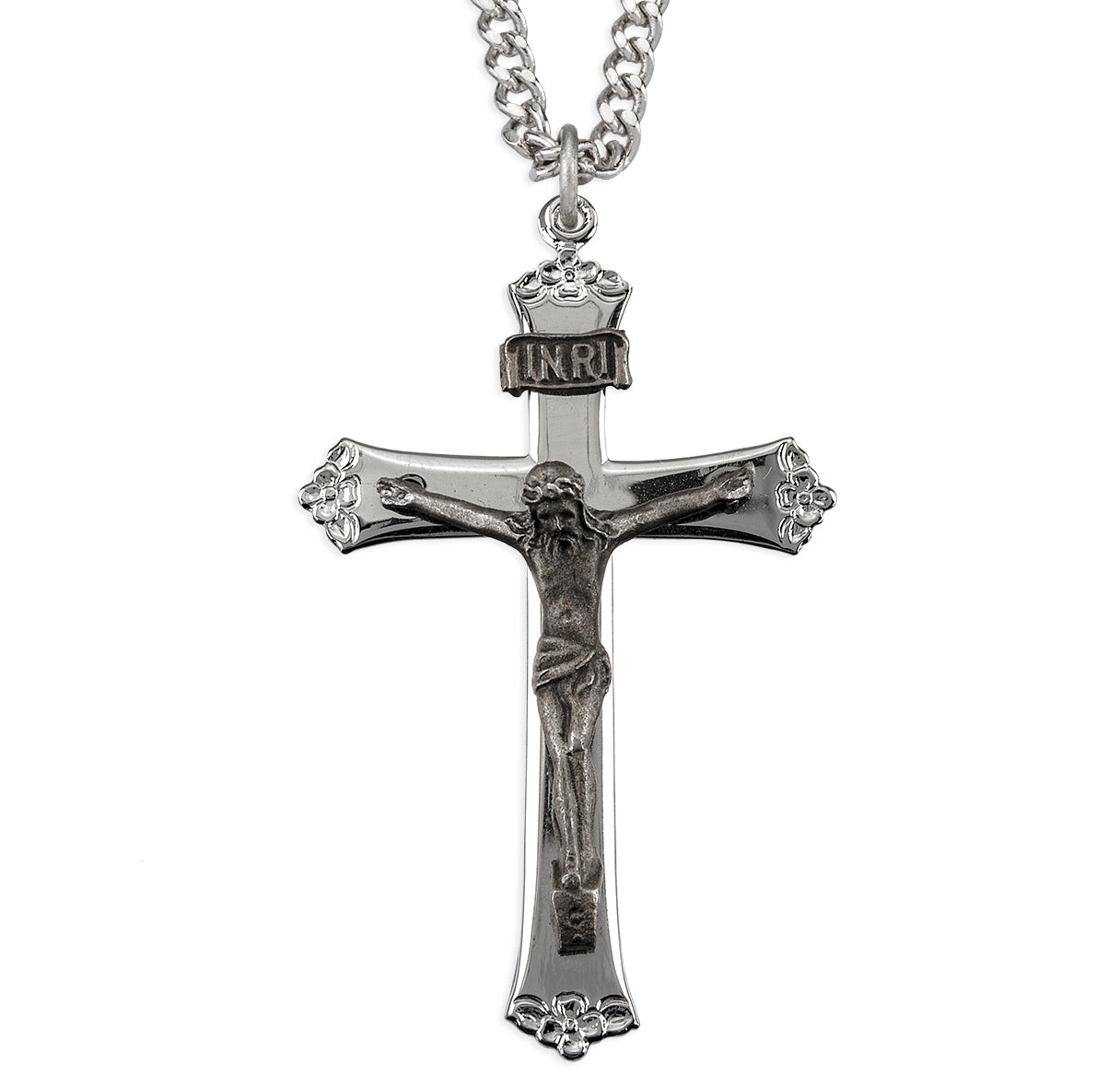 Sterling Silver High Polished Crucifix made from Three Pieces with Floral tips 24"