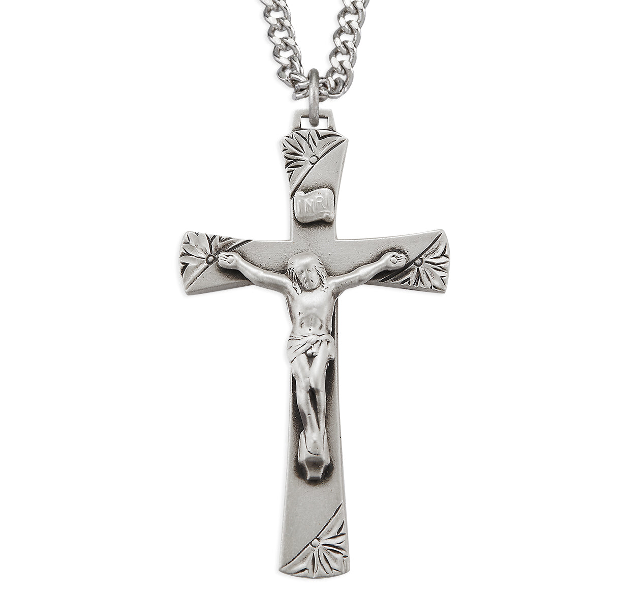 Sterling Silver Gently Flared Crucifix with Acanthus Leaf Angled Ends 24"