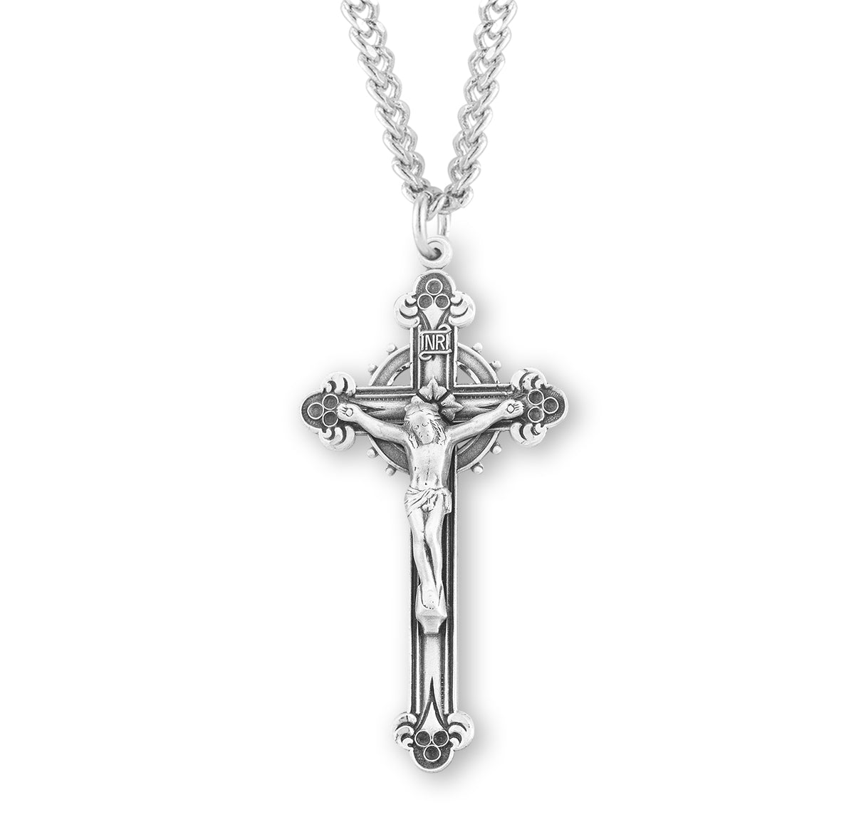 Sterling Silver Halo Crucifix with Budded Tips and beaded halo 24"