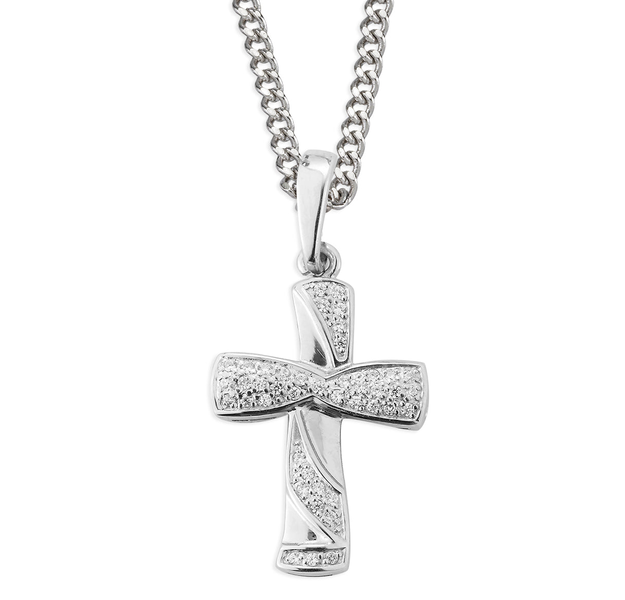 Sterling Silver Wide Cross with CZ Crystal Stripes