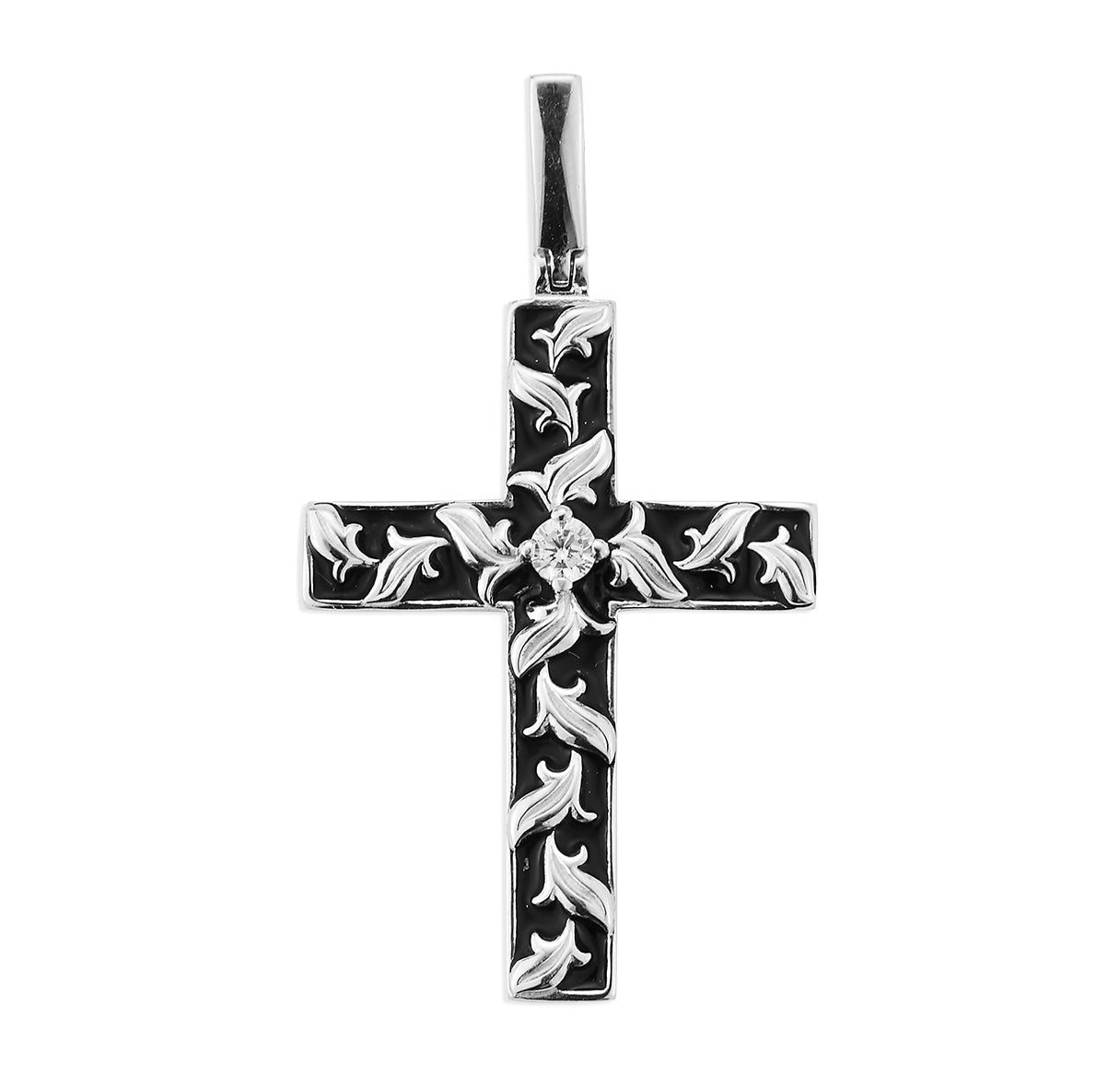 Sterling Silver Fine Leaf Cross with Black Enameling