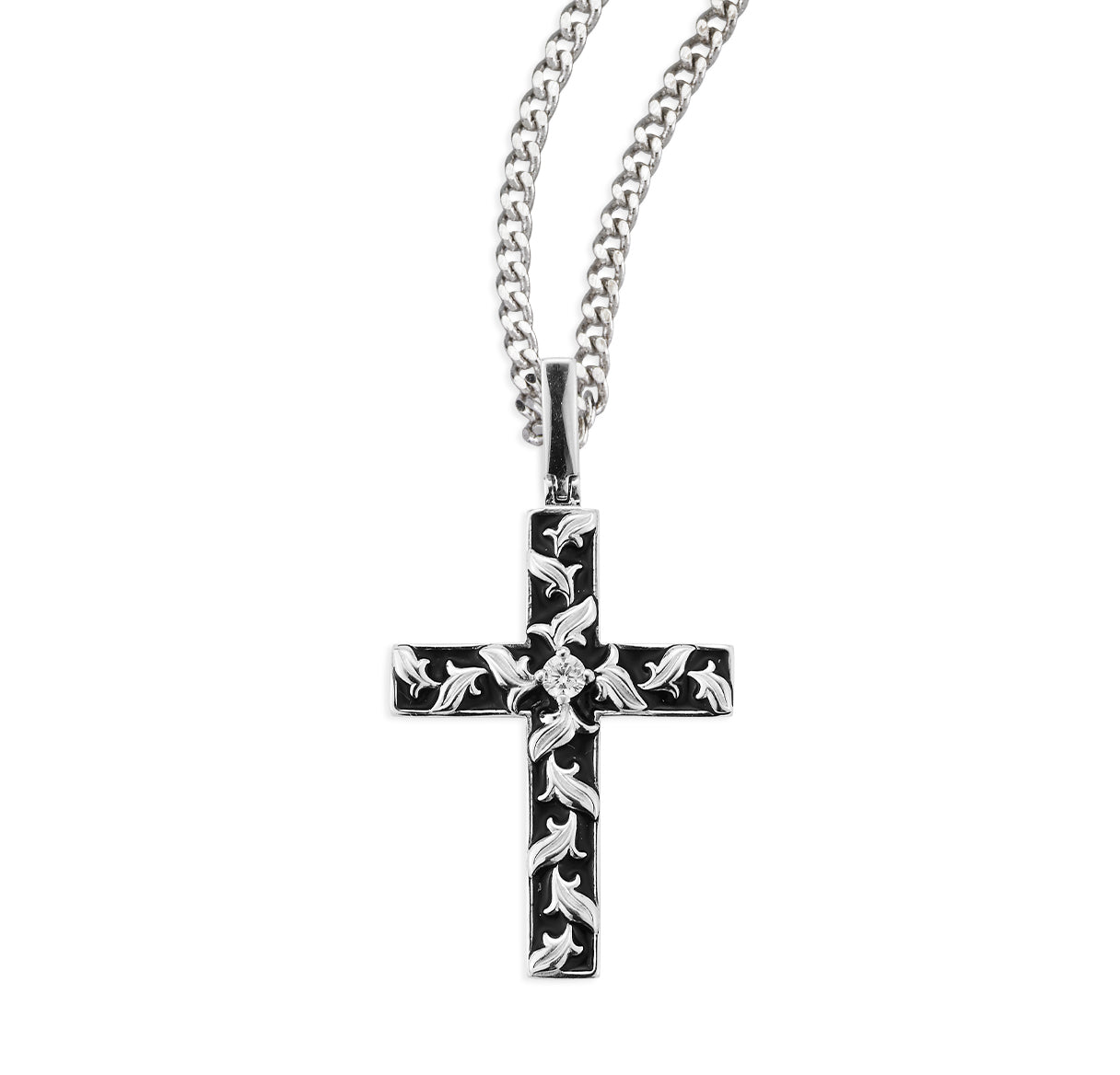 Sterling Silver Fine Leaf Cross with Black Enameling