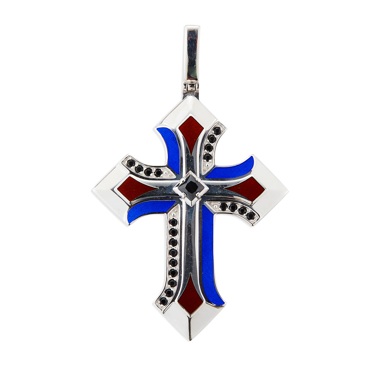 Sterling Silver Spear Point Cross with Blue and Red Enameling and Black CZ Settings