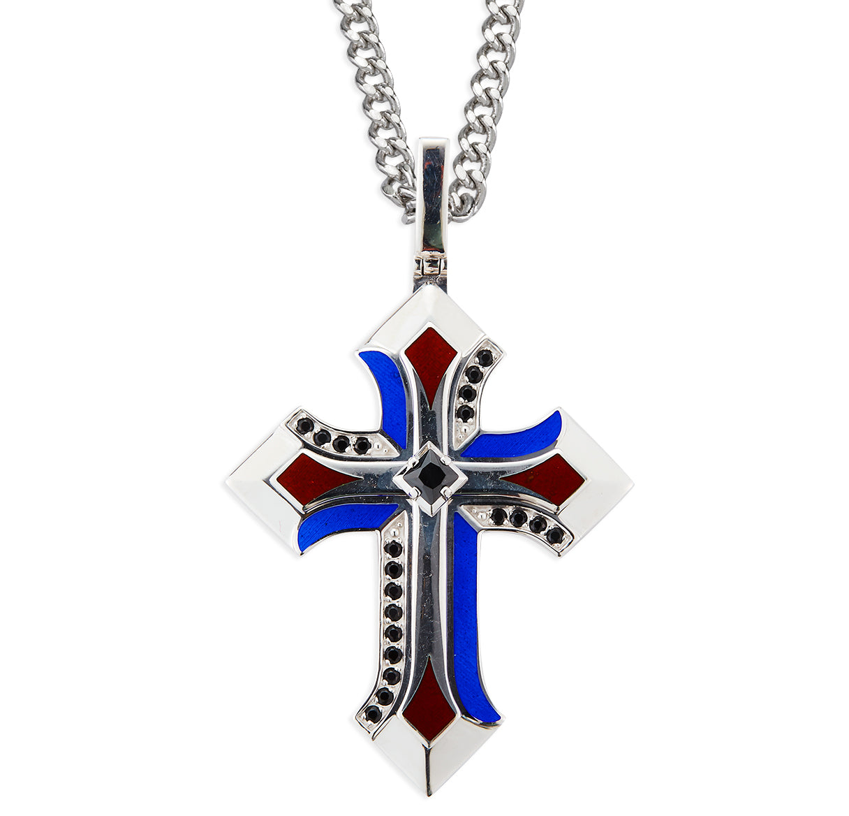 Sterling Silver Spear Point Cross with Blue and Red Enameling and Black CZ Settings