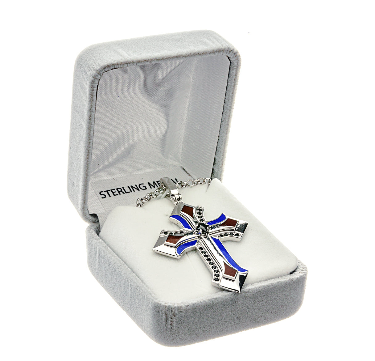 Sterling Silver Spear Point Cross with Blue and Red Enameling and Black CZ Settings