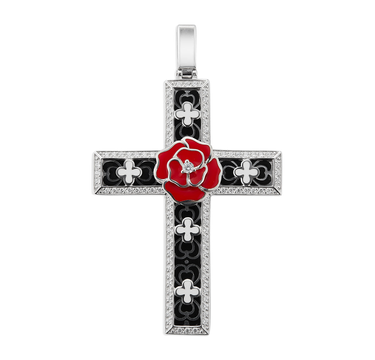 Sterling Silver Latin Style Cross with White Enamel Clover Crosses set in Black Enamel and Red Rose Center