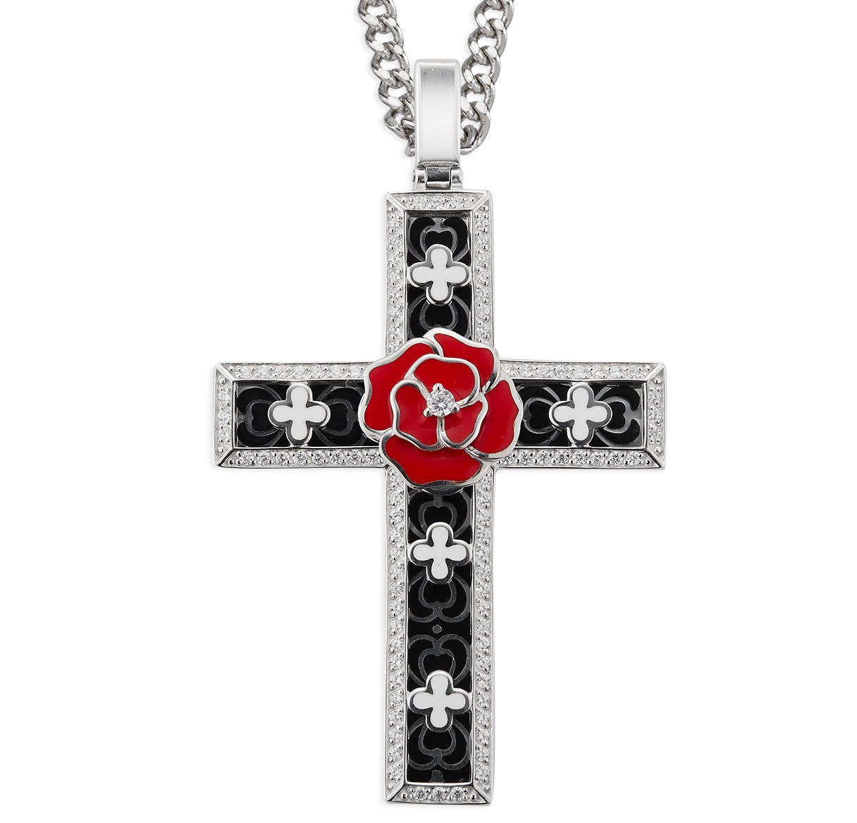 Sterling Silver Latin Style Cross with White Enamel Clover Crosses set in Black Enamel and Red Rose Center