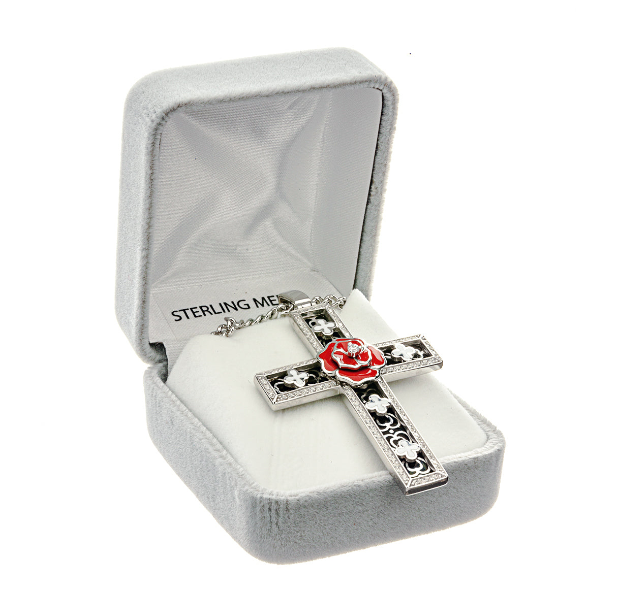 Sterling Silver Latin Style Cross with White Enamel Clover Crosses set in Black Enamel and Red Rose Center