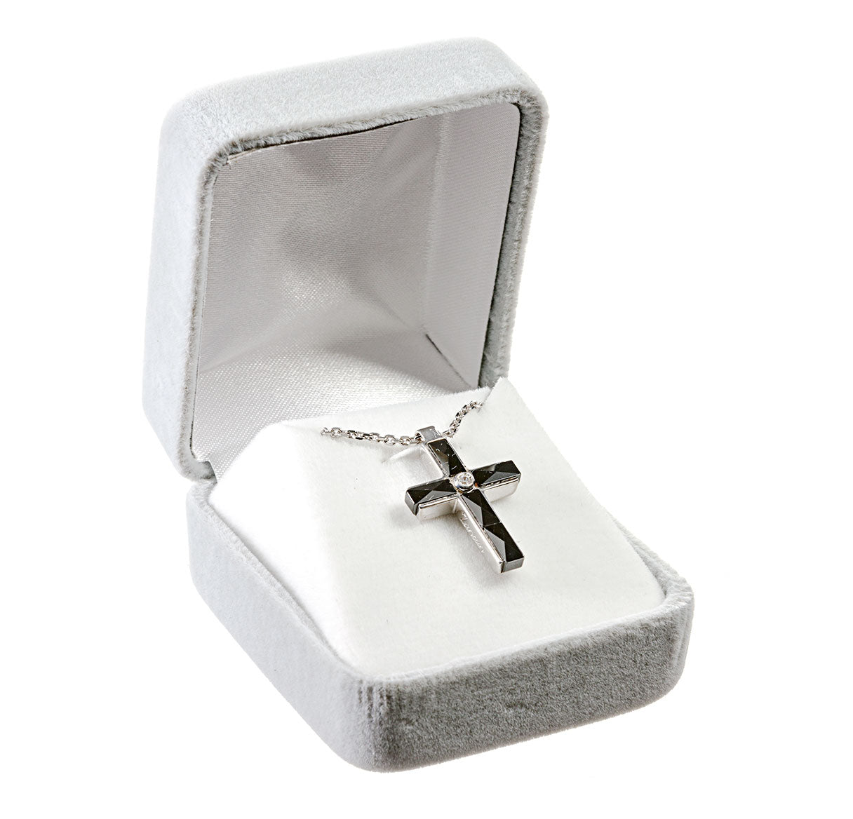 Sterling Silver Graphite Cross With CZ Setting Italy Sterling Silver Chain special chain