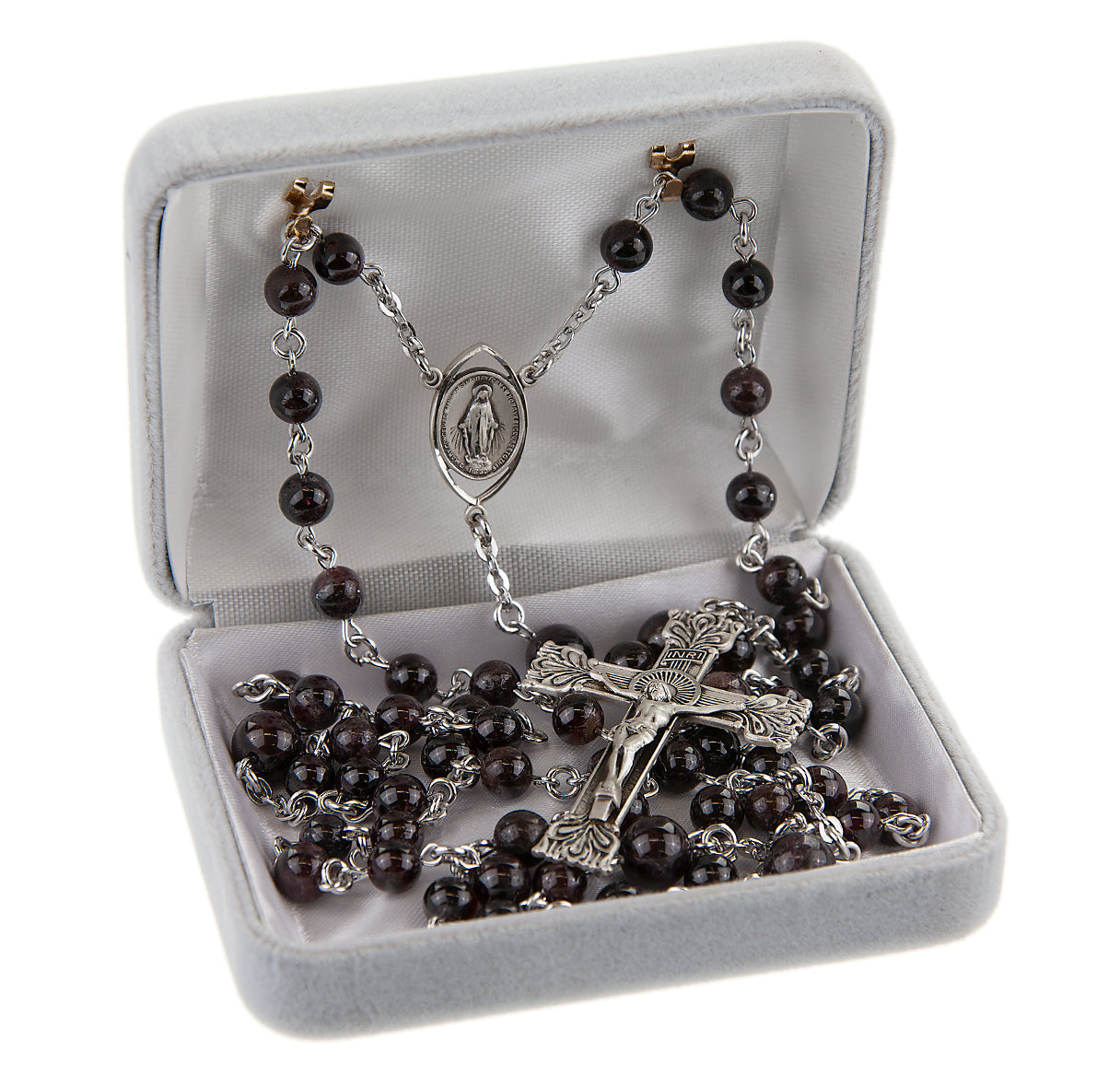 Sterling Silver Rosary Handmade with Genuine Garnet Semi Precious Stones 6mm and Sterling Silver Embossed Crucifix with Elaborate Impressions and decorative tips