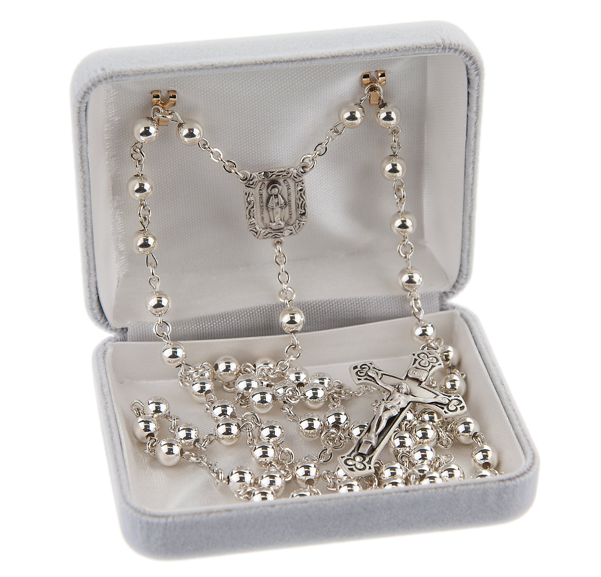 Sterling Silver Rosary Handmade with Sterling Round Beads 7mm with Sterling Silver Halo Crucifix with Budded Tips and beaded halo