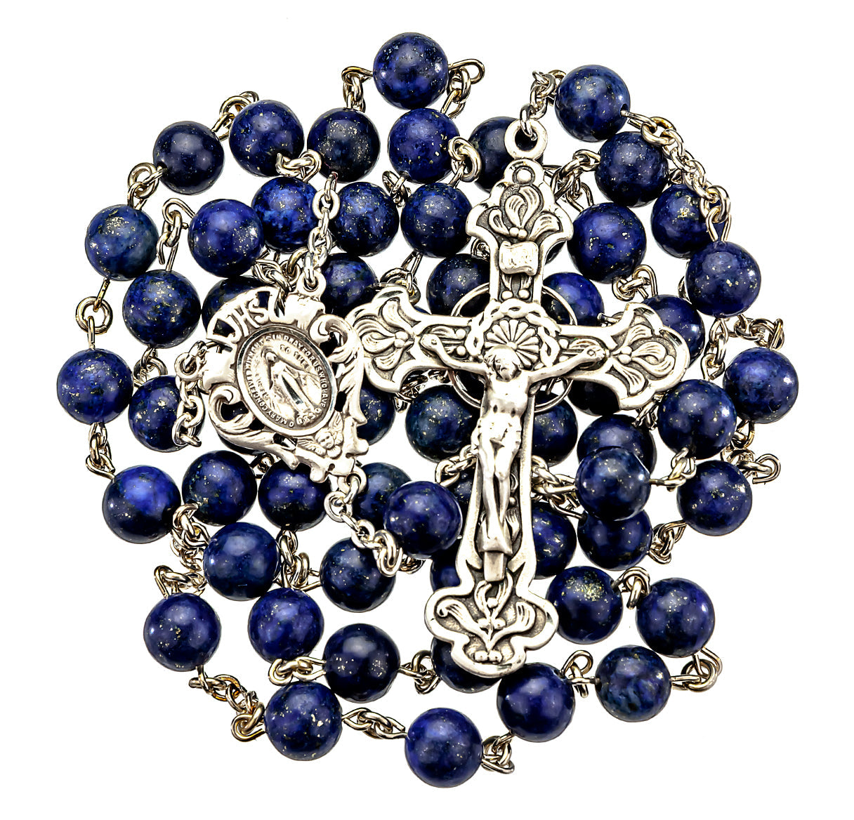 Sterling Silver Rosary Handmade with Genuine Lapis Semi Precious Stone Beads 8mm and Sterling Silver Pierced Crucifix with Fancy Leaf Designs and Crown of Thorns Halo
