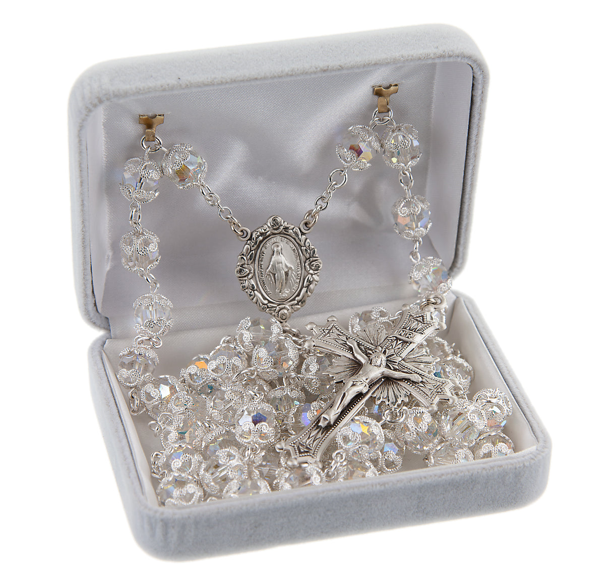 Sterling Silver Rosary Handmade with Finest Austrian Crystal Aurora Double Capped Beads 8mm | .925 Silver