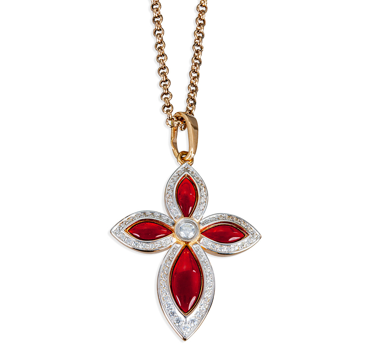 Rose Gold Over Sterling Silver Almond Shape Cross with Ruby Red Enamel and Crystal CZ Border and Center