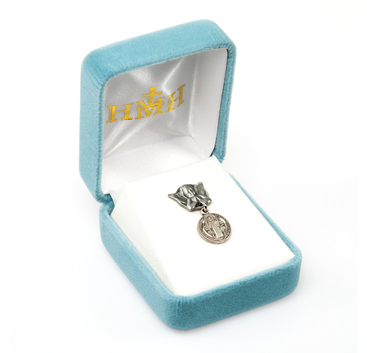 Saint Benedict Round Medal on an Angel Pin