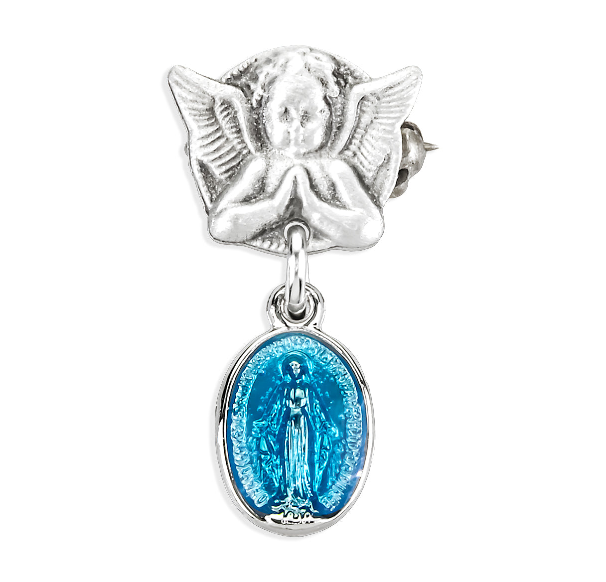 Blue Enameled Oval Sterling Silver Baby Miraculous Baby Medal on an Angel Pin