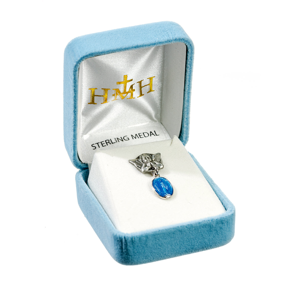 Blue Enameled Oval Sterling Silver Baby Miraculous Baby Medal on an Angel Pin