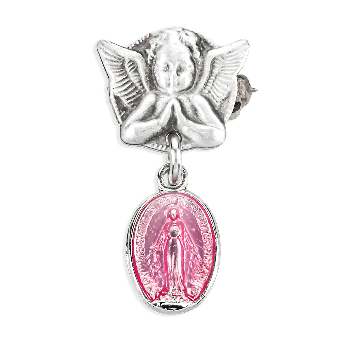 Pink Enameled Oval Sterling Silver Baby Miraculous Baby Medal on an Angel Pin